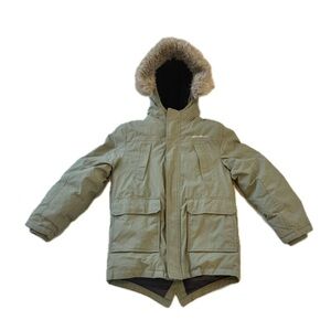 Eddie Bauer Sz Small (7/8) Kids Down Duck Faux Fur Lined Hood Parka Olive Green